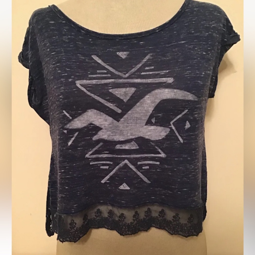 hollister womans crop top lace trim blue size XS